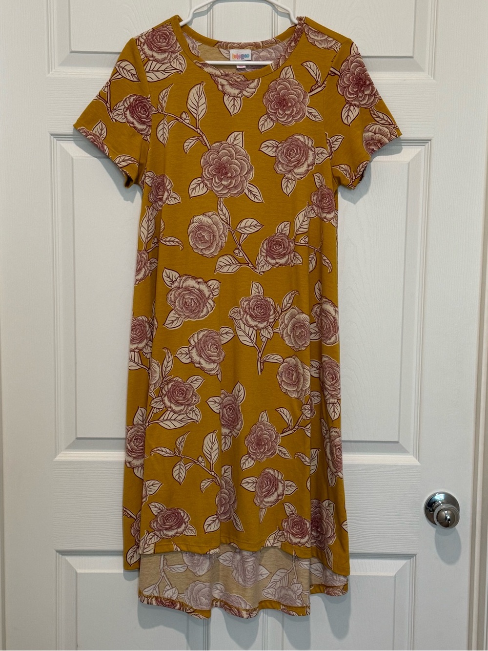 LuLaRoe Carly Mustard Floral Short Sleeve Swing Dress